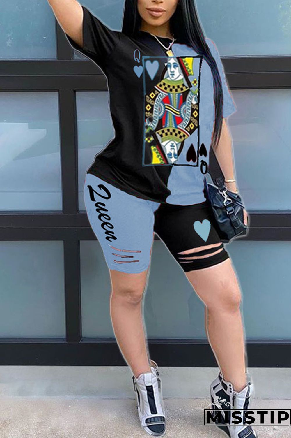 Blue venetian Fashion Casual Patchwork Print Two Piece Suits pencil Short Sleeve Two Pieces