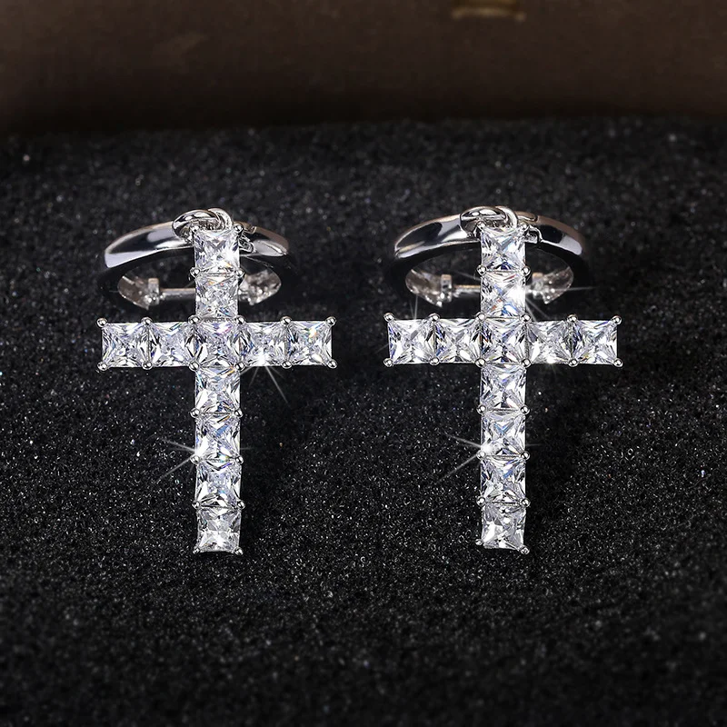 Iced Out Tennis Cross Earrings in Silver-VESSFUL