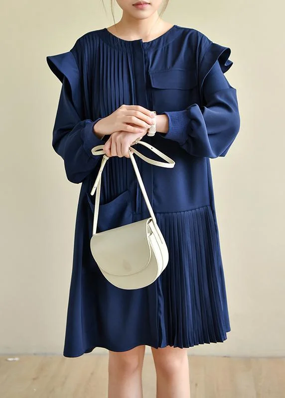 Style Navy Asymmetric Dresses O Neck Chiffon Dress