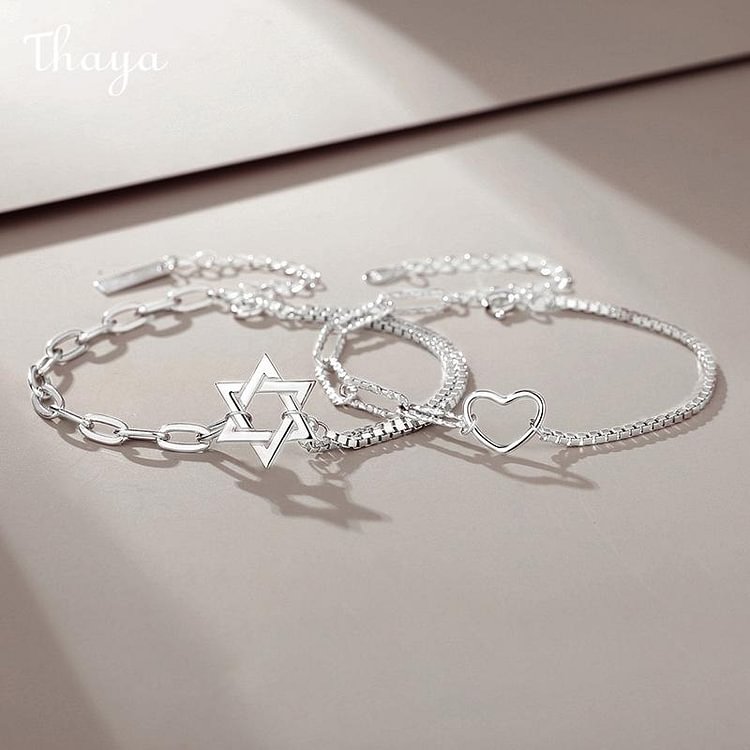Thaya 925 Silver Hexagram Heart Couple Bracelets