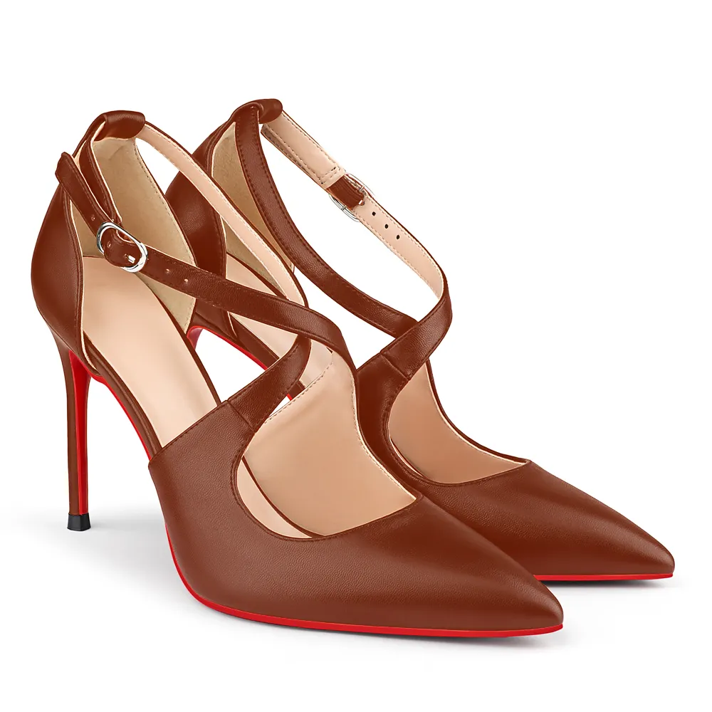95mm Women's Pointed Toe Cross Strap Heels Red Bottoms Pumps Shoes Matte-vocosishoes