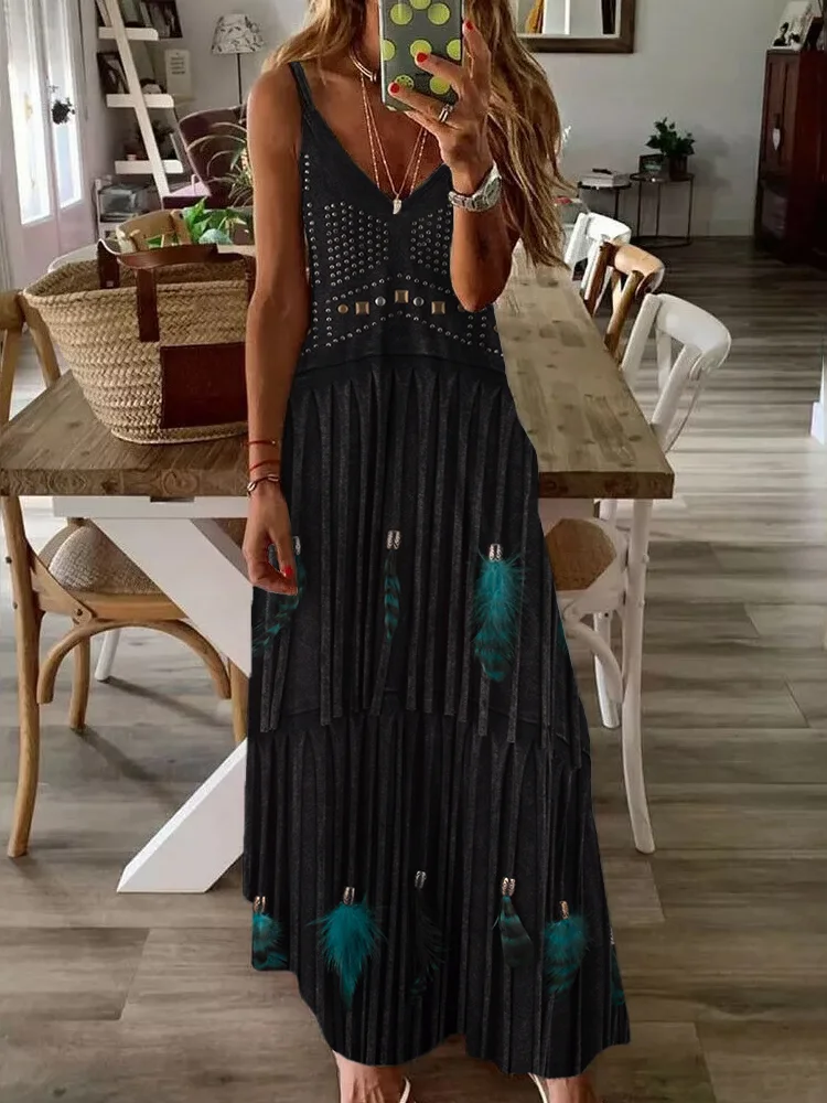 Vintage Fringe & Feather Graphic V Neck Cami Maxi Dress