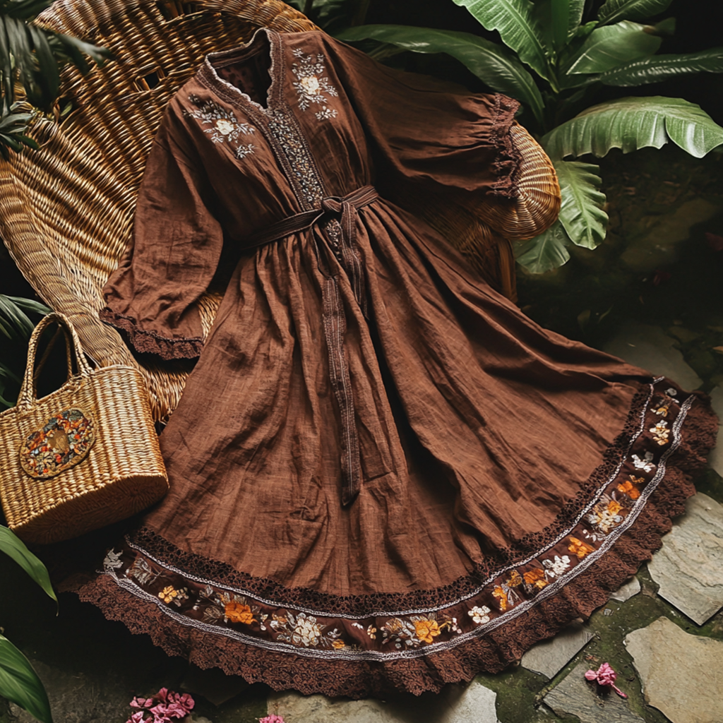  Bohemian Embroidered Maxi Dress with Tassel Waist Tie