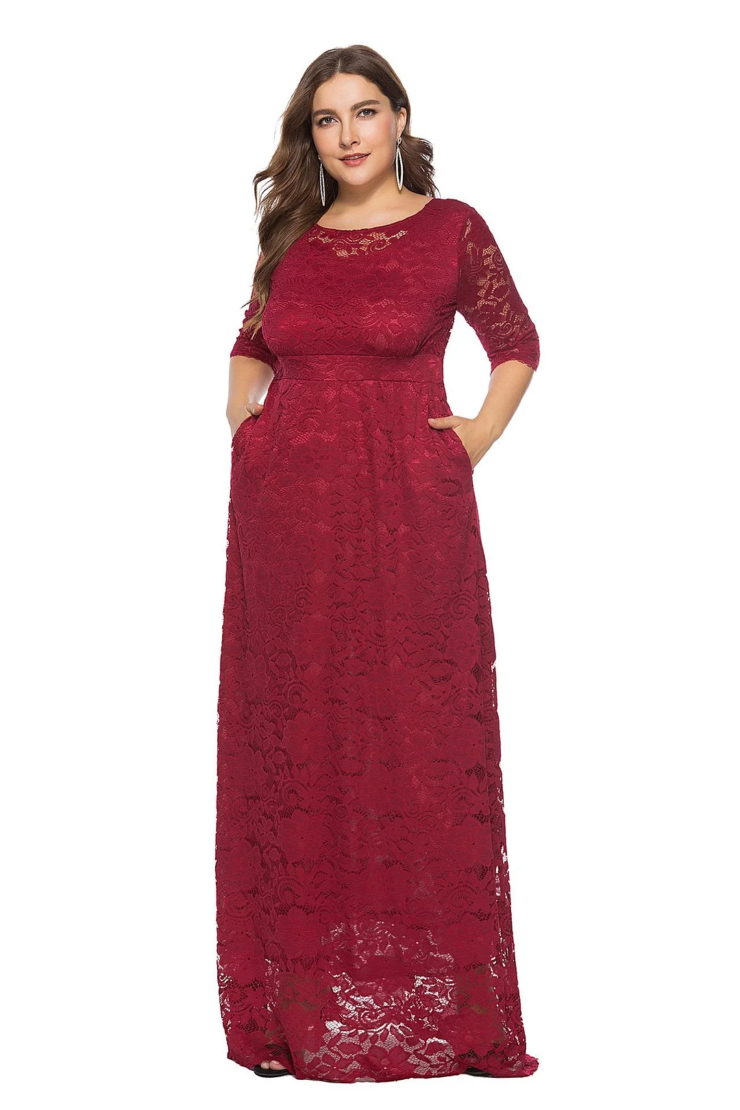 Plus Size Dresses Hollow Lace Half Sleeve Pocket Maxi Prom Dresses