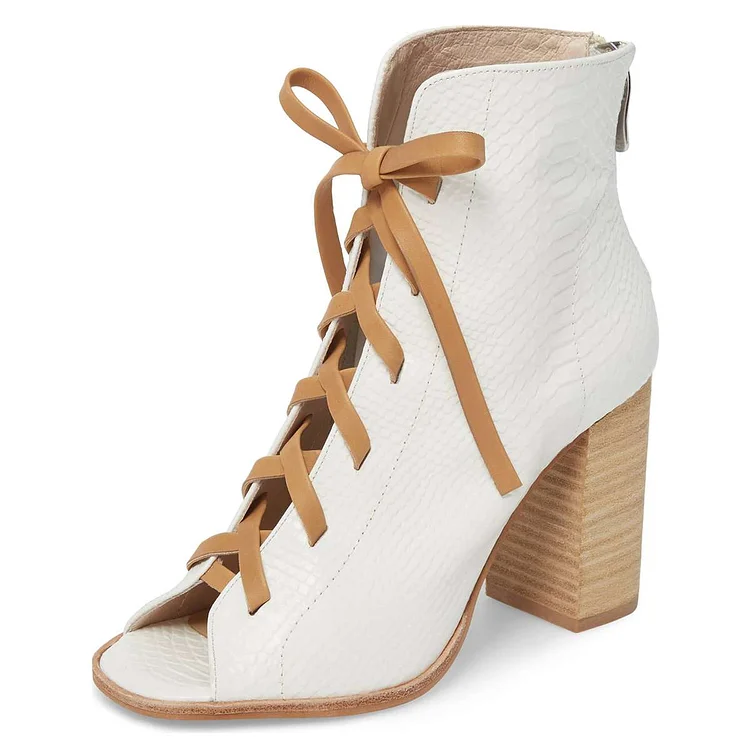 White Python Lace Up Peep Toe Chunky Heel Boots |FSJ Shoes