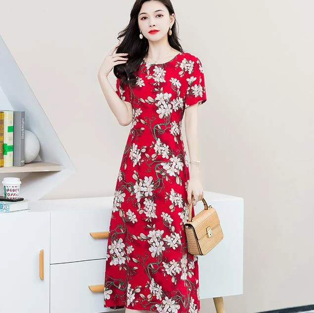 Women Summer Dress Plus Size 5XL Loose Middle-aged Mother Casual Short Sleeve Long Dress O-Neck Floral Print Cotton Dresses