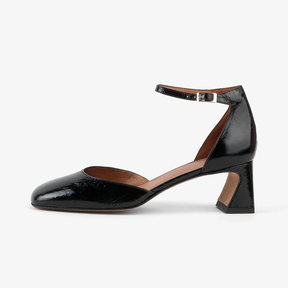 Classic Black Square Toe Chunky Heel Buckle Ankle Strap Pumps Shoes