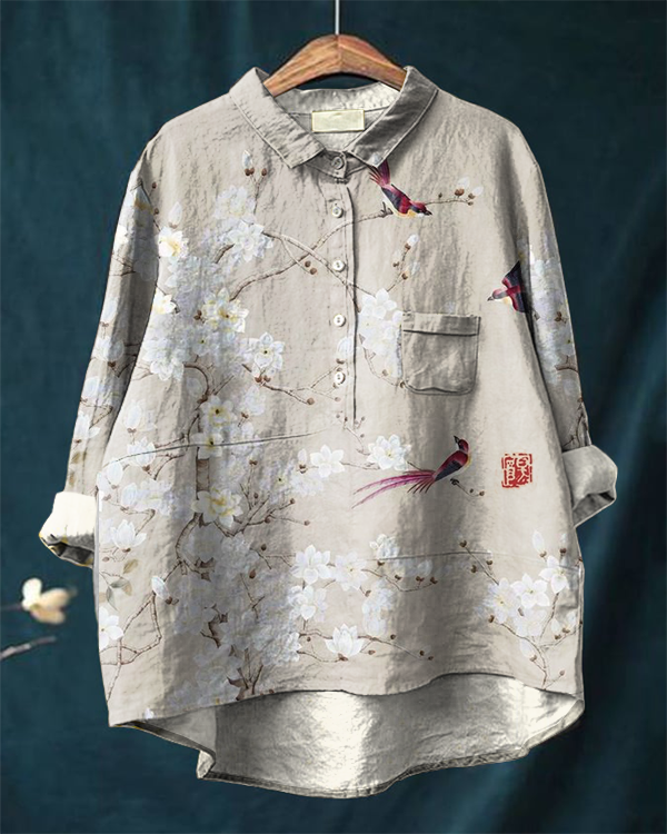 Vintage Floral and Bird Print Casual Cotton and Linen Shirt
