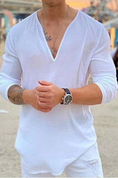 Tiboyz V-Neck Solid Long Sleeve Men White T-shirt