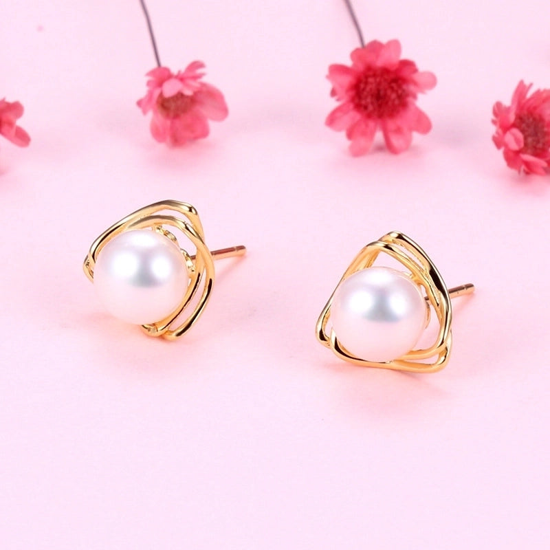 1 Pair 925 Sterling Silver Pearl Geometric Ear Studs