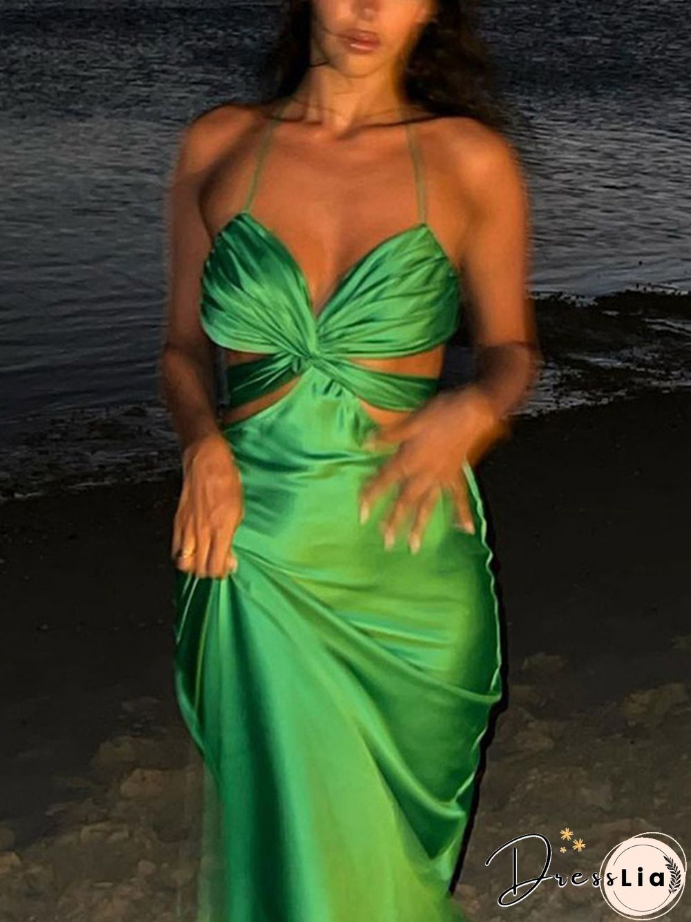 Sexy Solid Satin Camis Dress For Women Summer Beach Hollow Out Backless Dresses Female Fashion Elegant Party Club Slip Robe