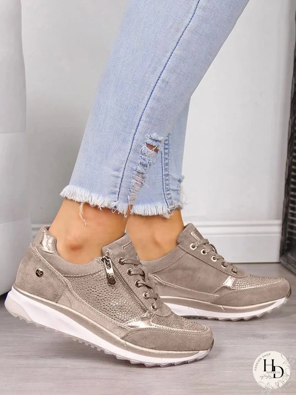 Diamond Panel Zip Lace-Up Casual Shock Absorbing Sneakers