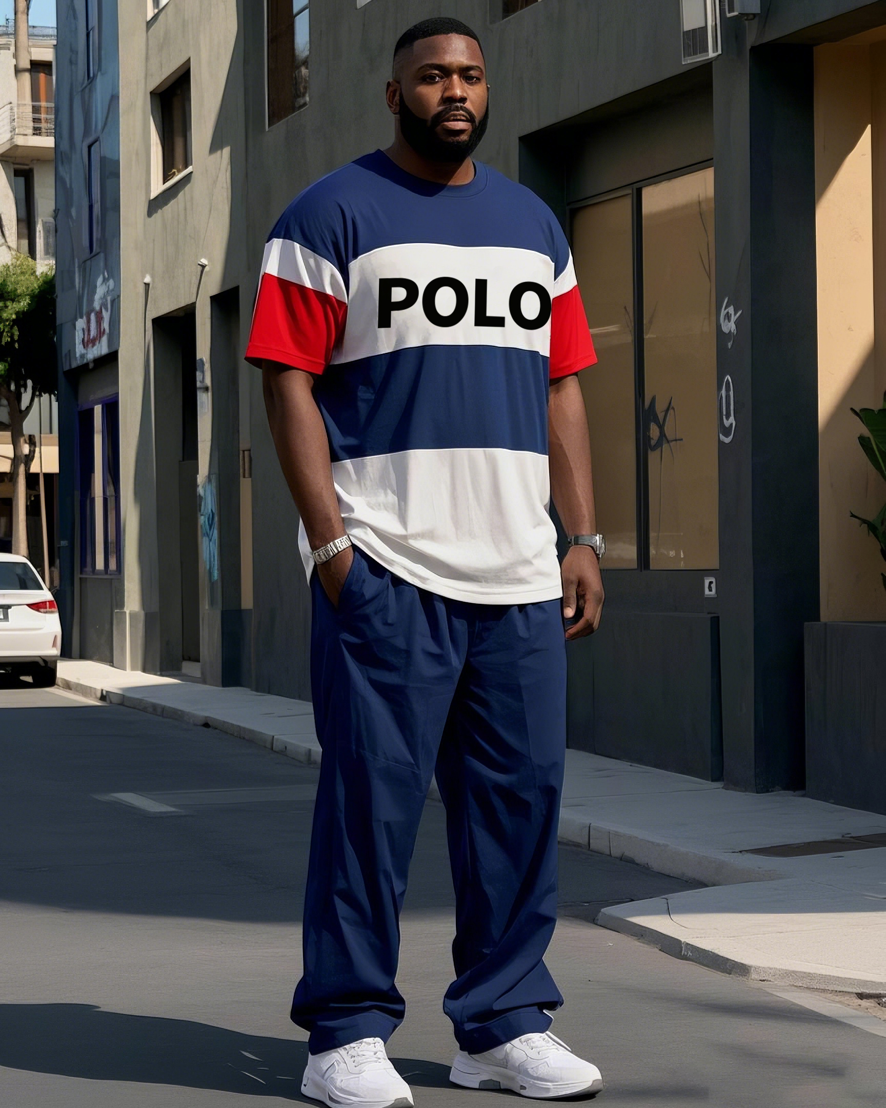 Plus Size Men's Simple Black Blue Red Stripe POLO Letter Printing Casual Short-sleeved T-shirt Pants Suit