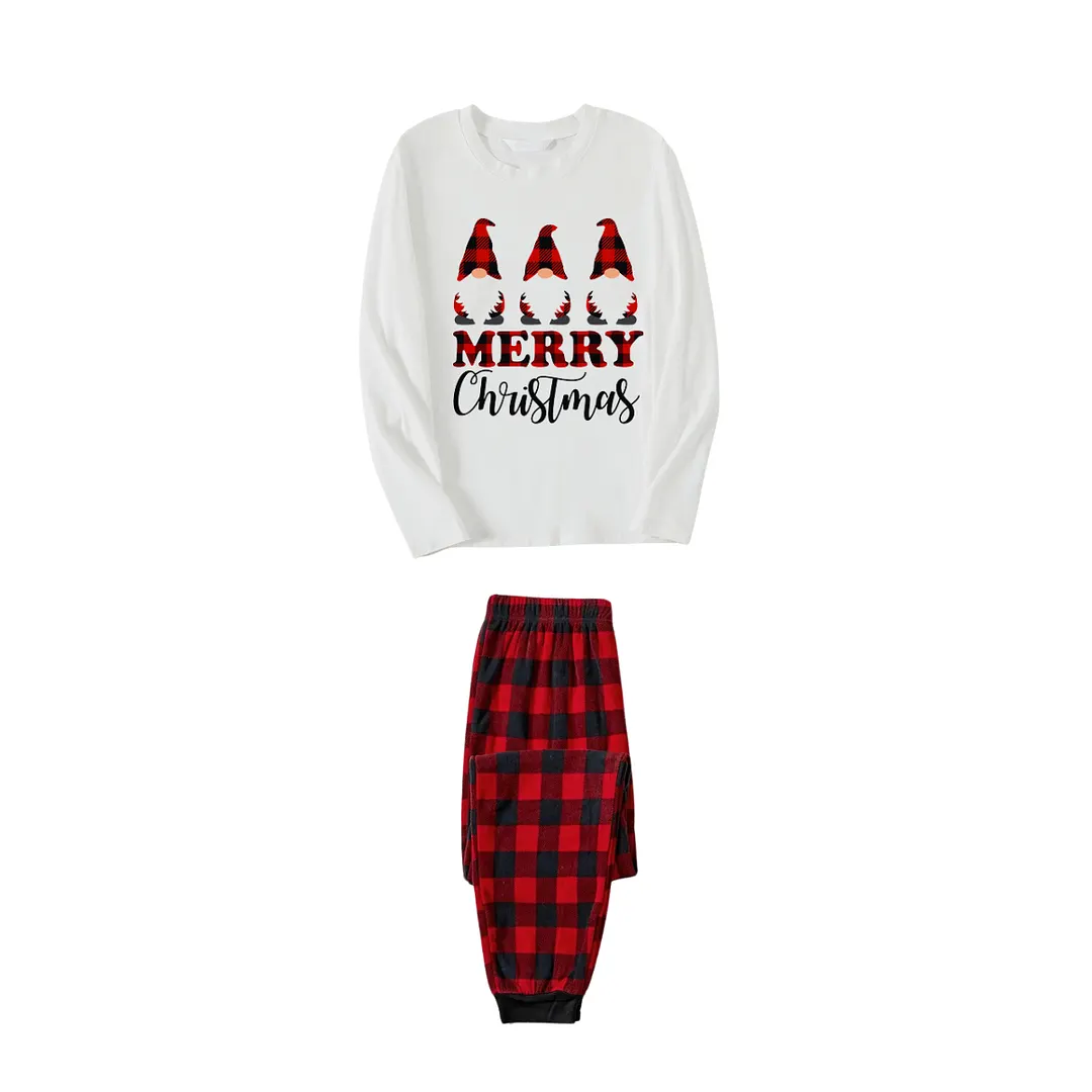 MERRY Christmas Letters And Santa Hat Printed White Long Sleeve Top with Red & Black Plaid Pants Couple Pajamas