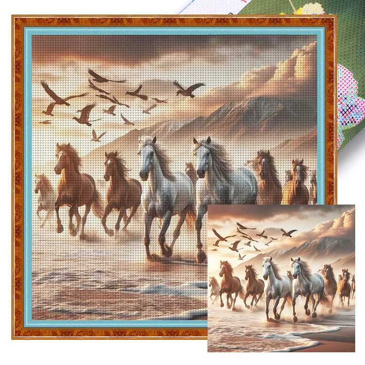 Horses Running On The Beach (40*40cm) 11CT Stamped Cross Stitch gbfke