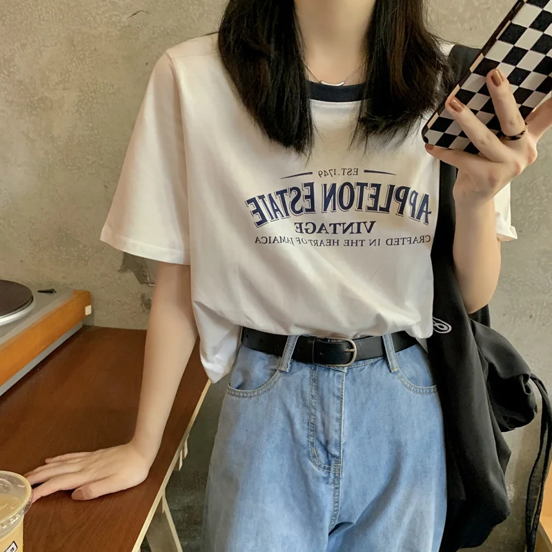 Brownm Brownm Round Collar Short Sleeved T Shirt Female 2024 Summer Letter Print Loose Short Vintage Student Jacket Ins
