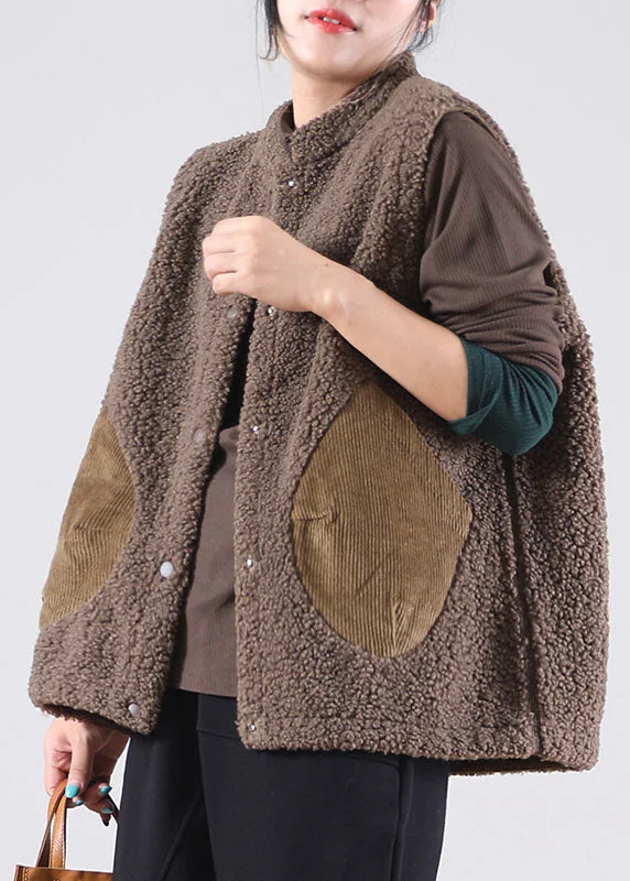 Italian Coffee Pockets Patchwork Faux Fur Sleeveless waistcoat