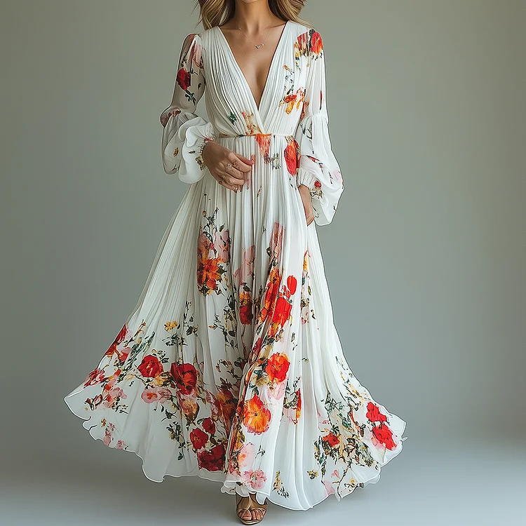 Ursime Chiffon Deep V Neck Lantern Sleeve Pleated Floral Maxi Dress