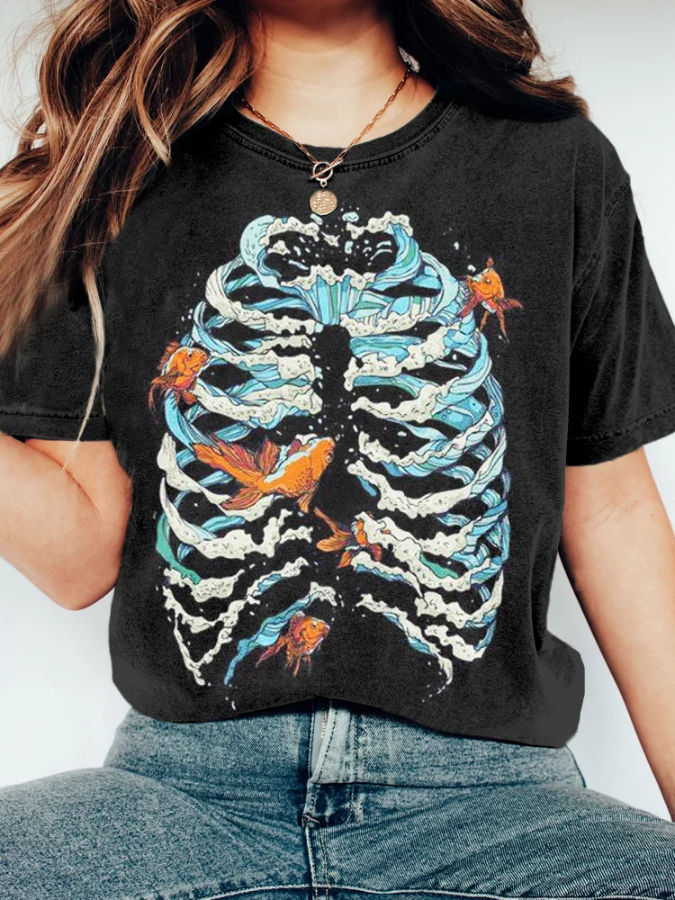 Fish & Wave Bone Art Vintage Cozy T Shirt