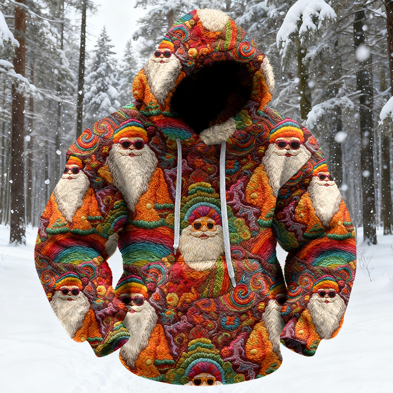Men's Groovy Hippie Santa Art Cozy Plush Hoodie elevenforest