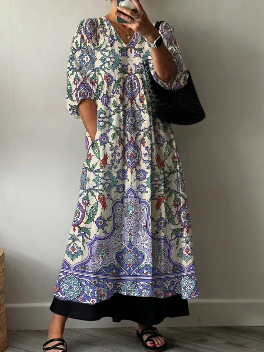 Vintage Purple Toned Flower Decorative Pattern Pocket V-neck Cotton Dress