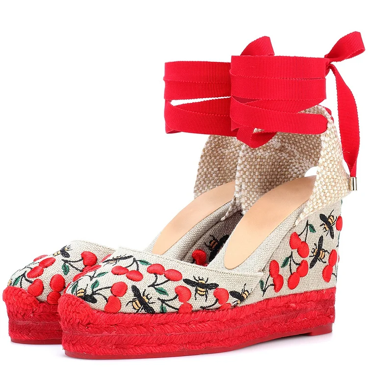 Red Strappy Platform Wedge Espadrille Sandals |FSJ Shoes