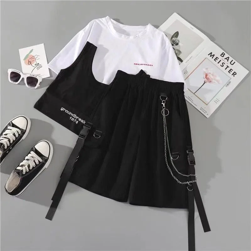 Oocharger Summer Women Cargo Women 3 Piece Sets Hip Hop Letter Crop Tops Elastic High Waist Fashion Chain Mini Skirt Female Suits