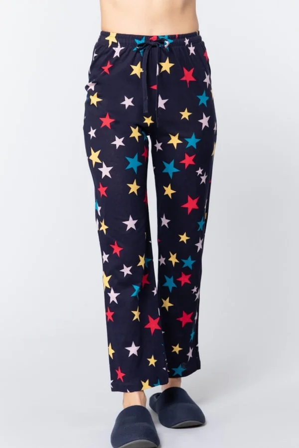 Star Print Cotton Pajama Pants - Navy
