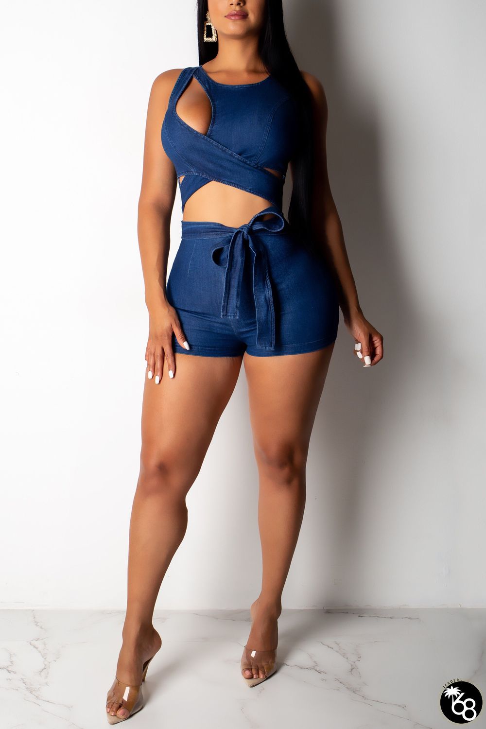 Blue Sexy Fashion Solid Asymmetrical bandage Hollow Sleeveless Asymmetrical Collar Rompers | 168DEAL