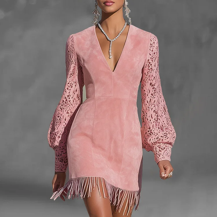 Suede V Neck Lace Lantern Sleeve Fringe Hem Mini Dress