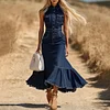 Casual Fashion Dark Blue Denim Sleeveless Shirt Fishtail Midi Dress by Inlyline