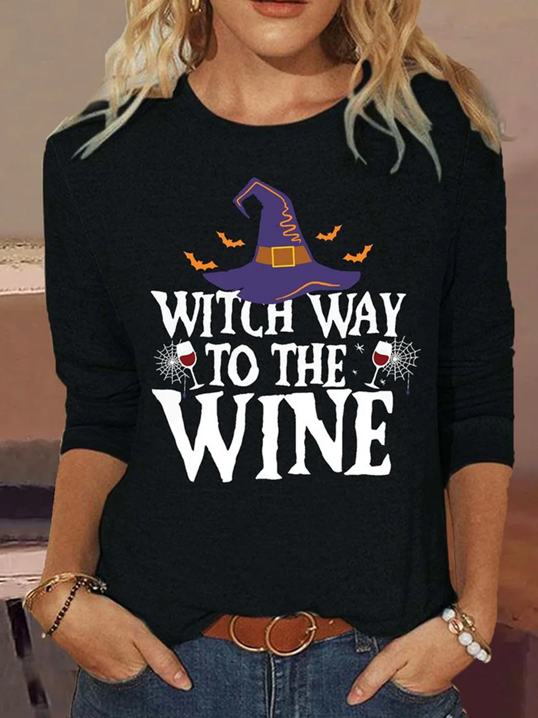 Women's Witch Way To The Wine Halloween Witch Casual Shirt