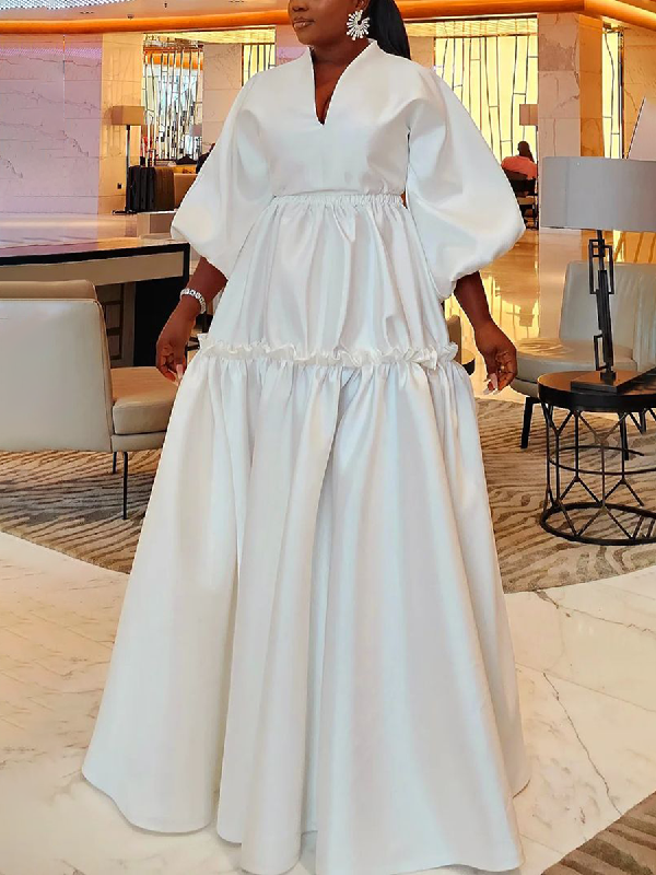 Falbala Solid Color High Waisted Puff Sleeves V-Neck Maxi Dresses