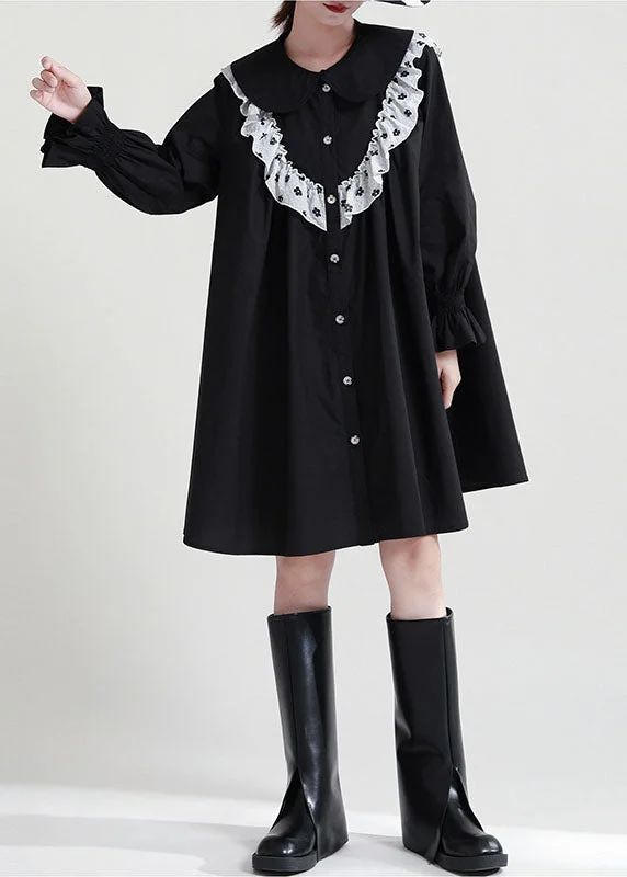 Italian Black Ruffled Patchwork Cotton Shirt Dresses