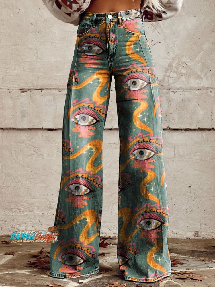 Women’s Vintage Print Casual Wide Leg Pants Multicolor / S