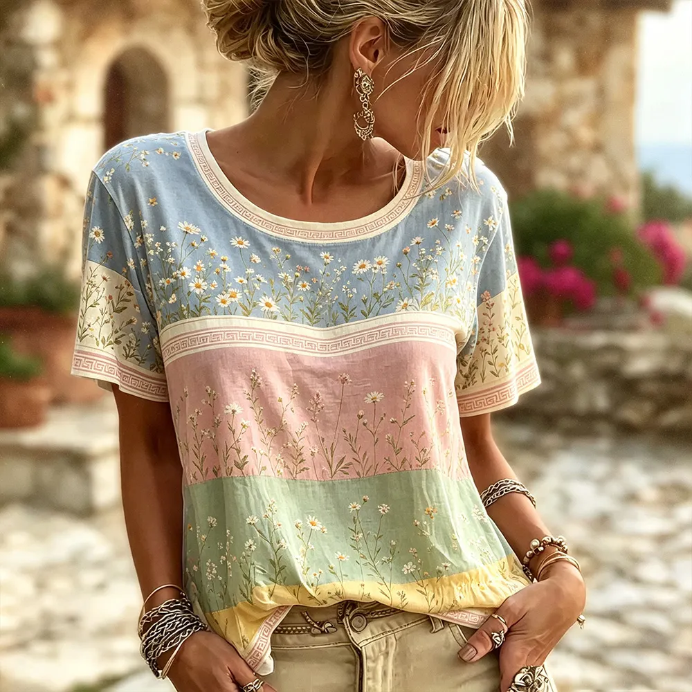 Comstylish Women's Vintage Plant-dyed Floral And Lace Patchwork Casual Blended Cotton And Linen Short-sleeved Top