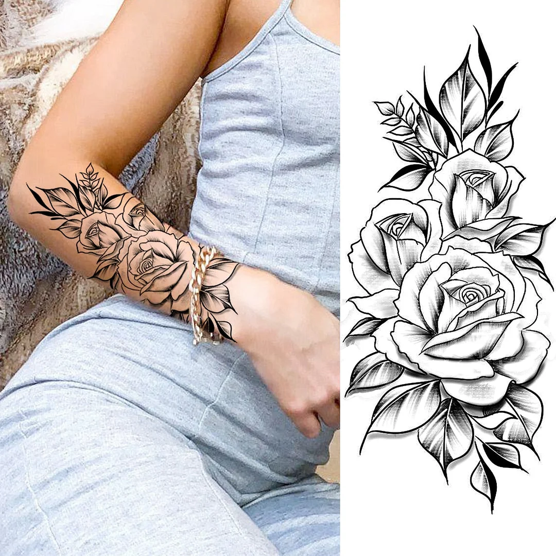 Black Rose Flower Snake Temporary Tattoos For Women Adult Peony Serpent Fake Tattoo Forearm Body Art Painting Waterproof Tatoos