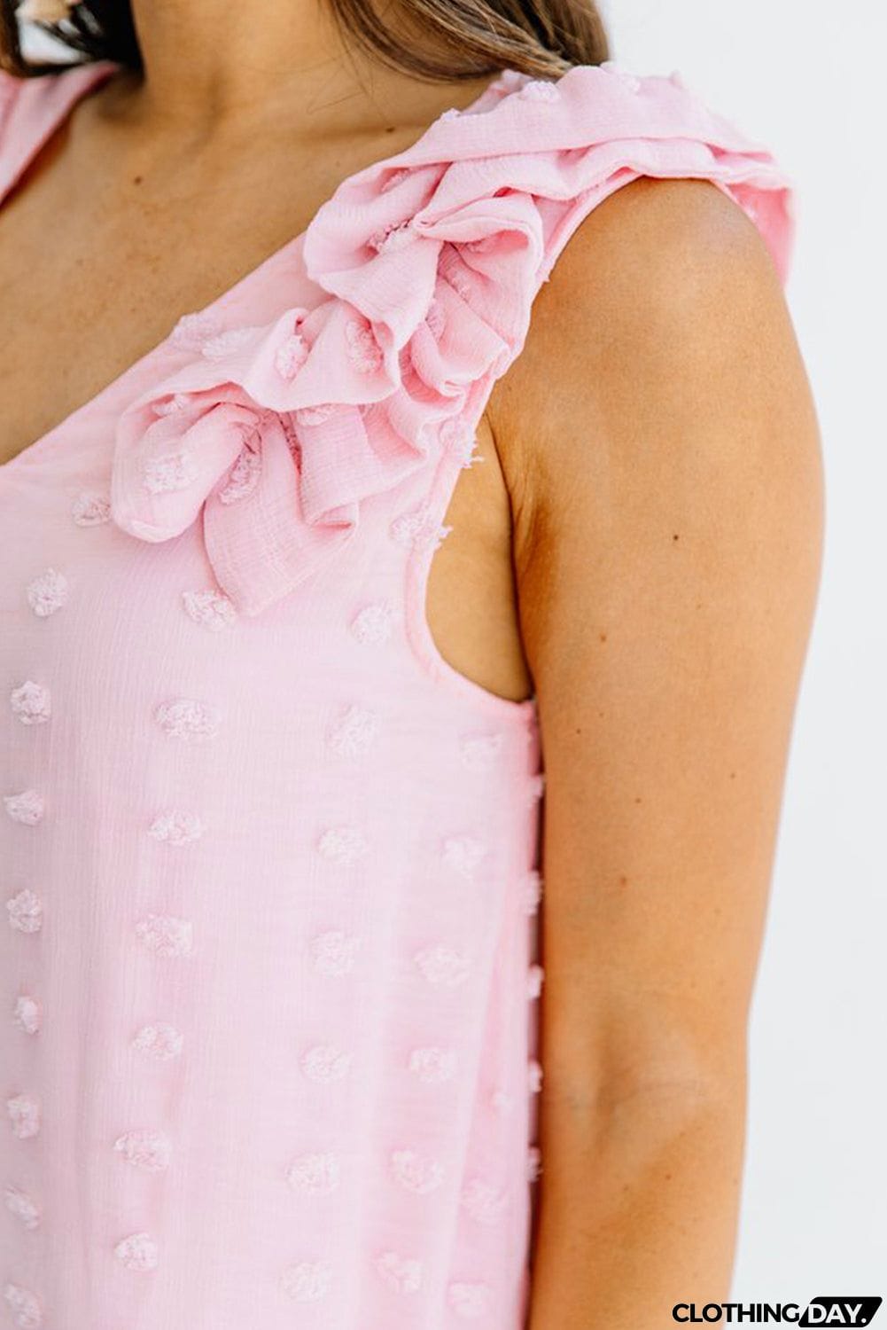 Swiss Dot V Neck Ruffled Sleeveless Mini Dress