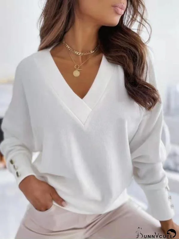 Trendy V-Neck Sweater with Button Cuffs