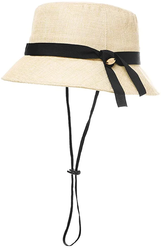 Packable UPF Straw Sunhat Women Summer Beach Wide Brim Fedora Travel Hat 54-59CM