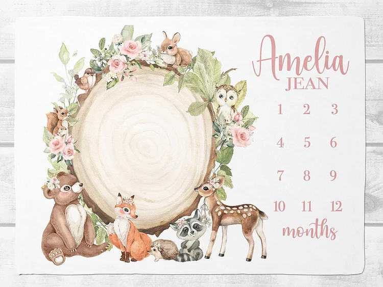 Personalized Floral Woodland Baby Girl Milestone Blanket For Comfort & Unique | BKMS33