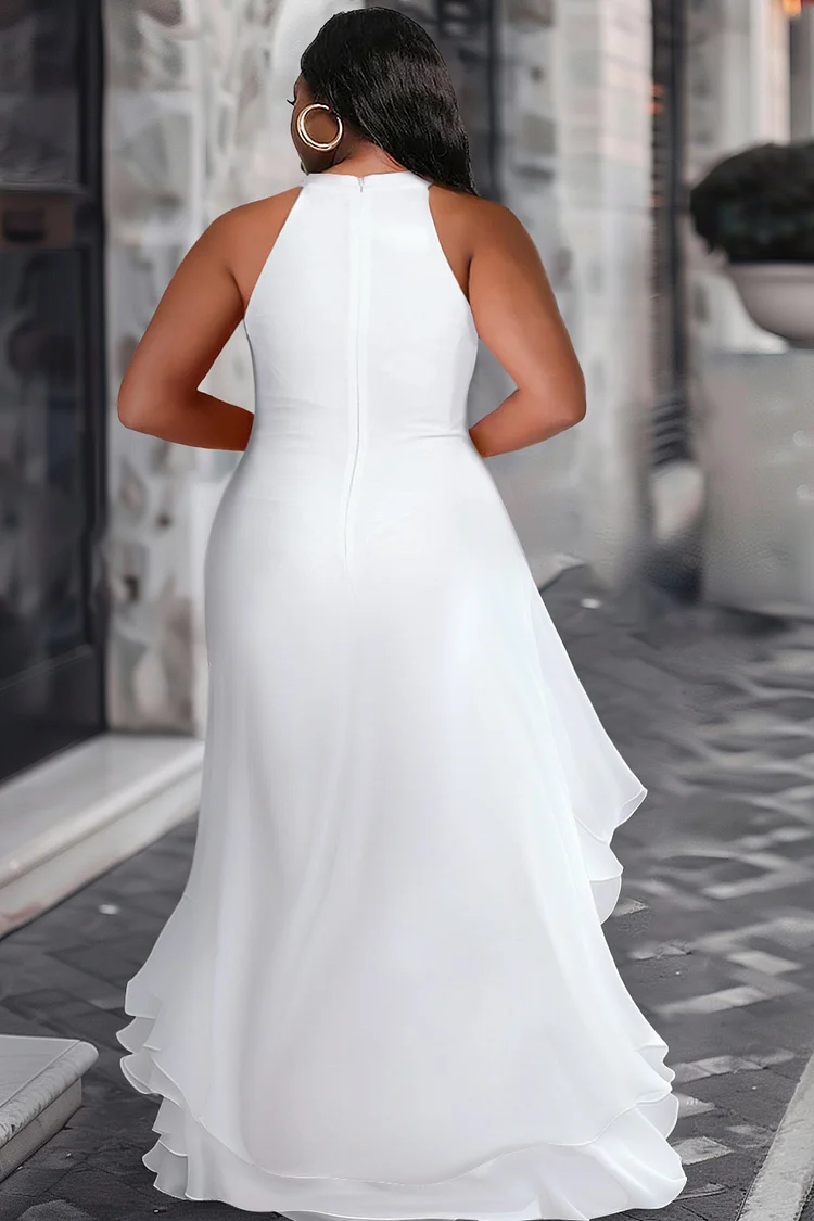 Xpluswear Design Plus Size Wedding White Halter Collar Sundress Split Ruffle Maxi Dresses