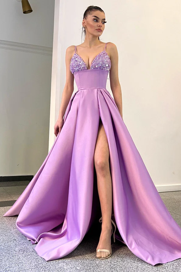 Daisda Chic Spaghetti Strap Sleeveless A-Line Prom Dress with Split