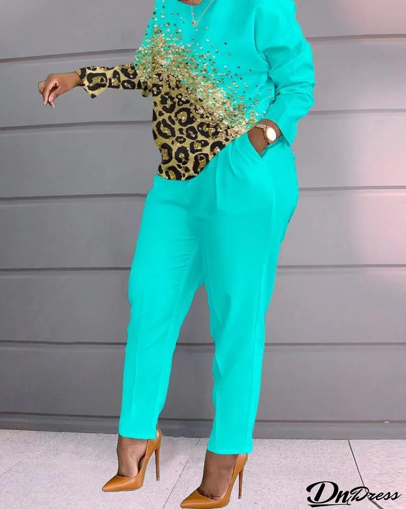 Women Casual Print Long Sleeve Top and Pants Two-Piece Set