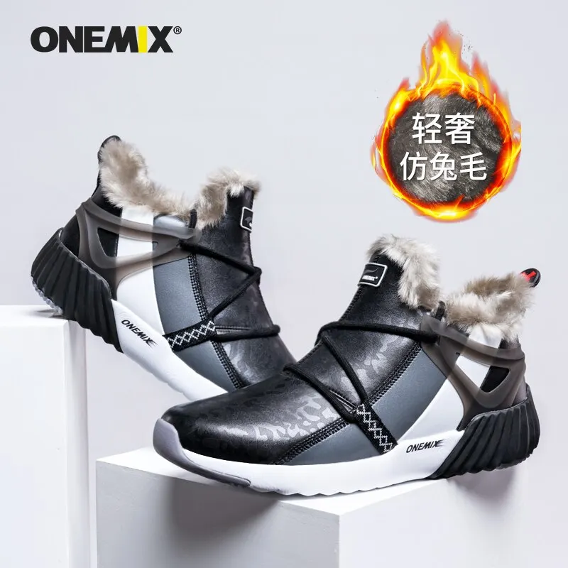ONEMIX Men Boots Casual Winter Sneakers High Top Leather  New Vintage Warm Comfortable Plush Snow Ankle Boots Walking Shoes