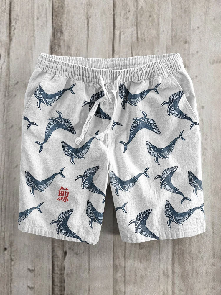 Japanese Art Whales Print Linen Blend Casual Shorts