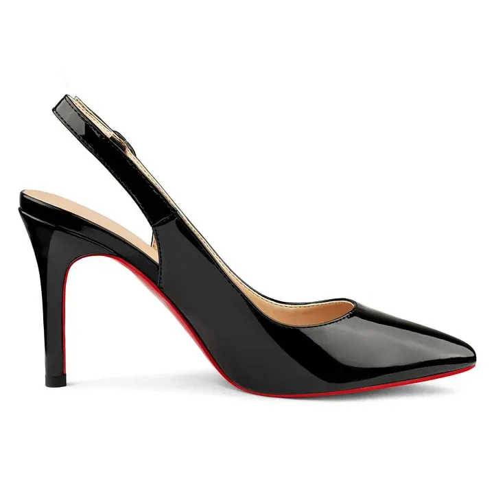 90mm Women's Pointed Toe Slingback Heels Red Bottoms Pumps Comfortable Dress Shoes-vocosishoes