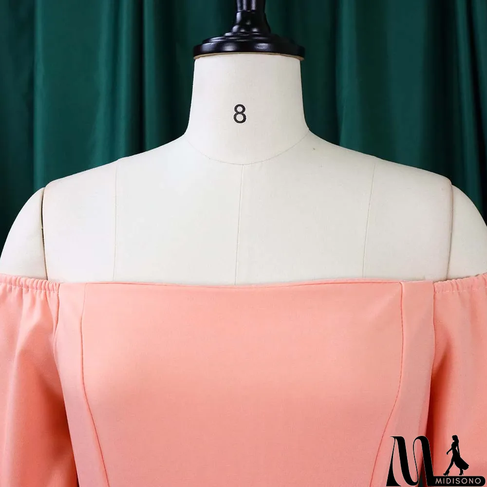 MidiSono - Spring Plus Size Sexy Peach Off Shoulder Ruffles Long Sleeve Midi Dress