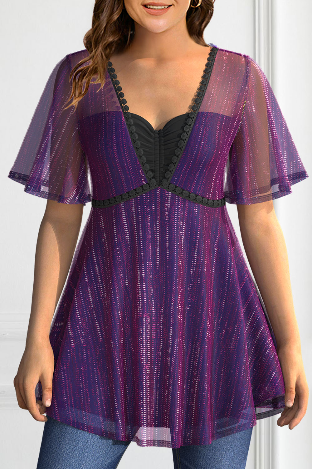 Flycurvy Plus Size Cocktail Purple Mesh Lace Ruffle Sleeve Double Layer Pleated Laser Tunic Dressy Blouse