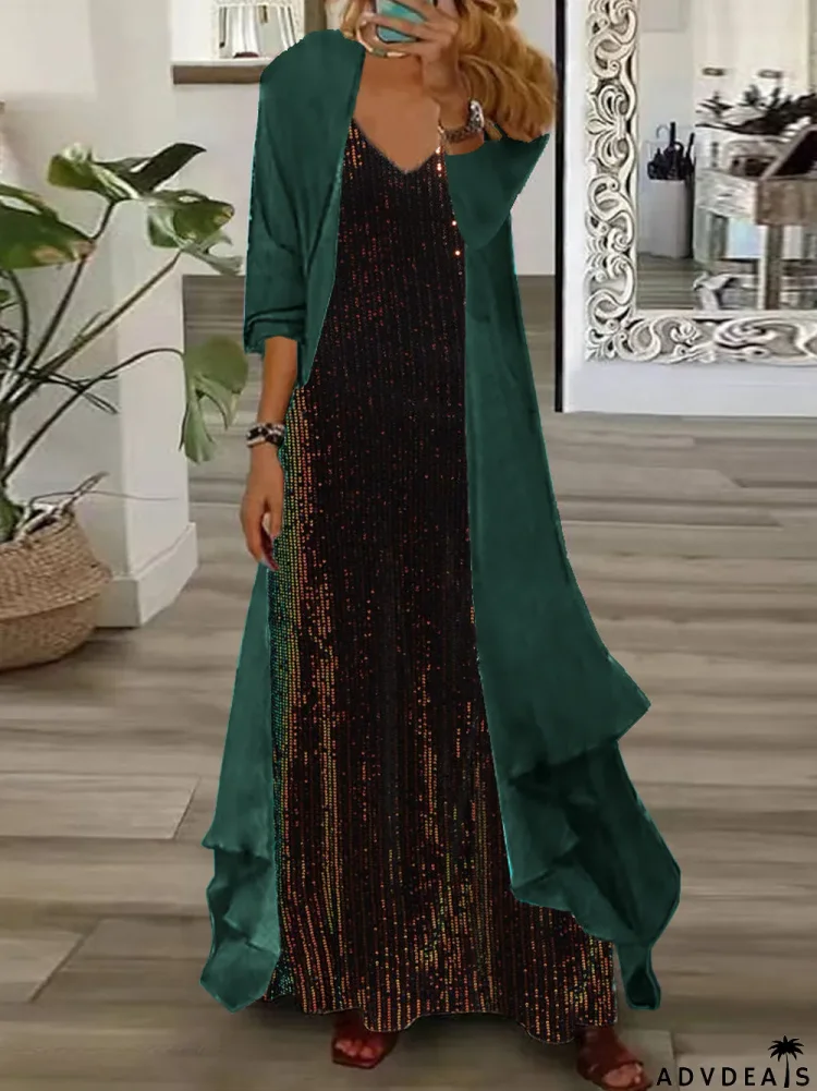 Women's Long Sleeve V-neck Graphic Printed Two Pieces Maxi Dress